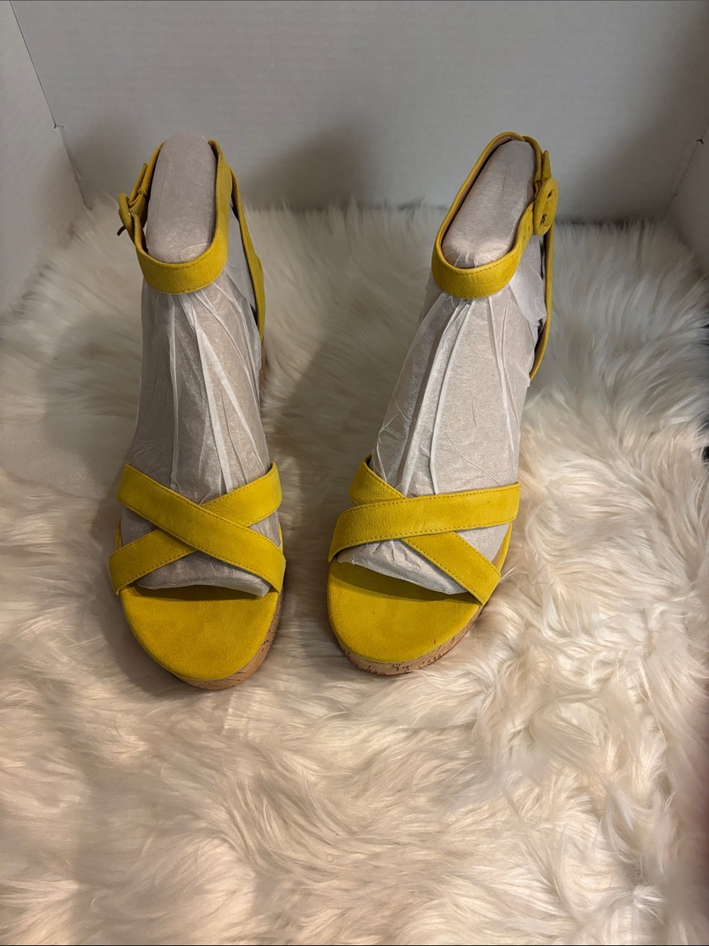 Nine West Yellow Suede Cross-Strap Wedge Sandals with Ankle Buckle